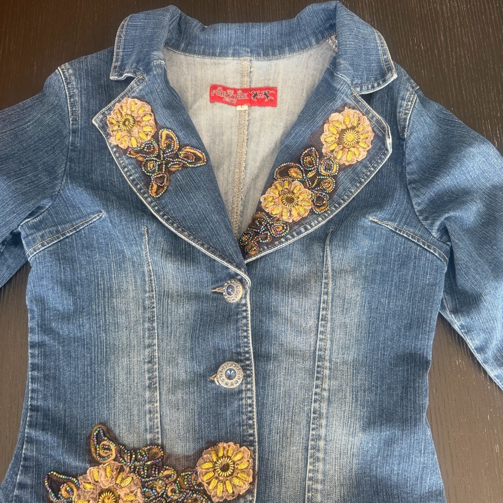 Persage Embellished Floral Denim Blazer Jacket Size L Beaded Y2K Statement